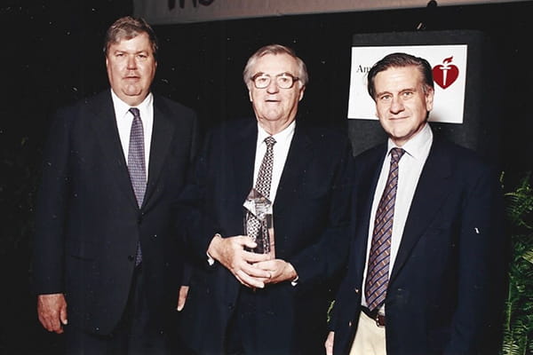 AHA Delegate Assembly Gold Heart Awards Banquet, June 26, 1999: Edward F Hines, Jr. Esq. 98/99 Chairman of the Board; Edmund M Hoffman – 1999 Gold Heart Awardee; Valentin Fuster MD PhD 98/99 President