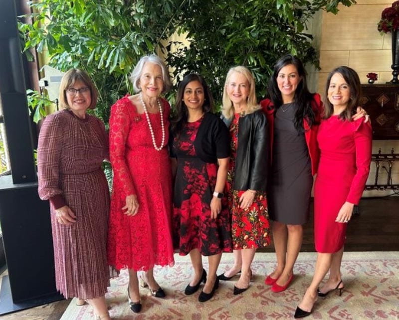 From left, American Heart Association CEO Nancy Brown, Sally Ross Soter, Dr. Laxmi Mehta, Dr. Stacey Rosen, Dr. Fatima Rodriguez and Dr. Svati Shah at a luncheon in Palm Beach, Florida, in January 2024. (American Heart Association photo)