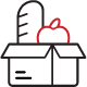 Black and red line art depicting an open box with a loaf of french bread and an apple peeking out of the top