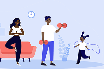 Niños haciendo ejercicio en casa ilustración.